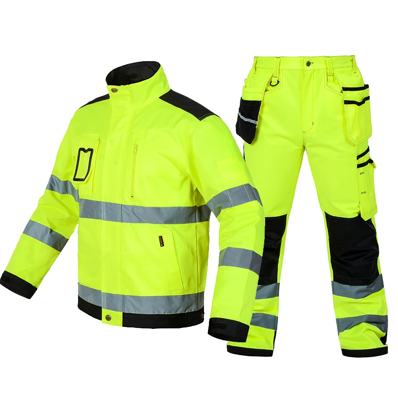 

Bauskydd High Visibility Workwear Suit Work Suit Fluorescent Yellow Work Jacket Work Pants With Knee Pads Free Shipping