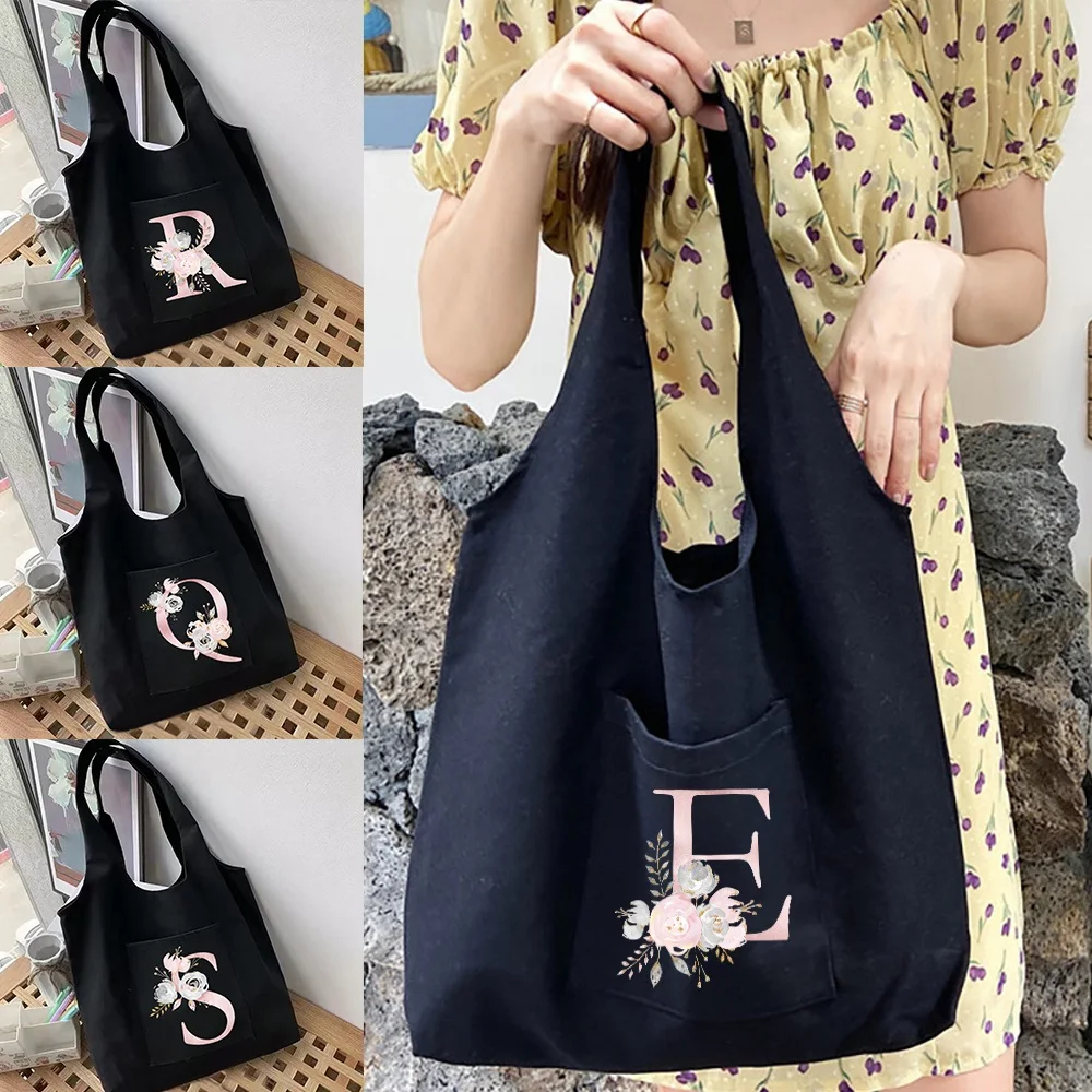 

Women's Shopping Bags Shoulder Shopper Vest Bag Flower 26 Letters Series Cotton Canvas Grocery Eco Handbags Commuter Tote Bag
