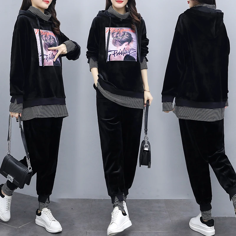 

Повседневное 4xl размера плюс Женская одежда свободный комплект из 2 предметов; Сезон Осень Топ и штаны плюс бархатный спортивный костюм для ...