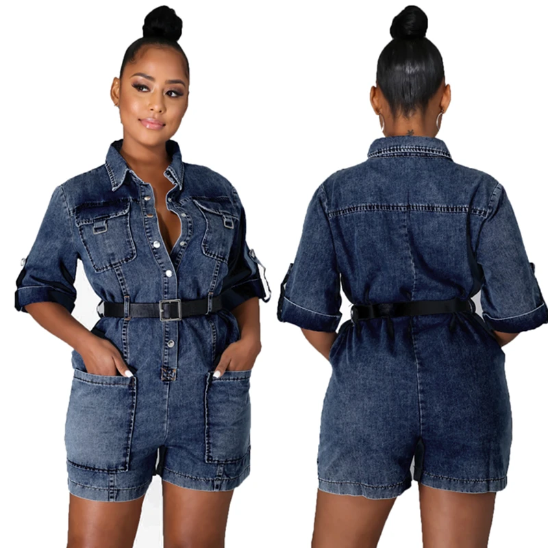

Women's Casual Turn-down Neck Denim Romper