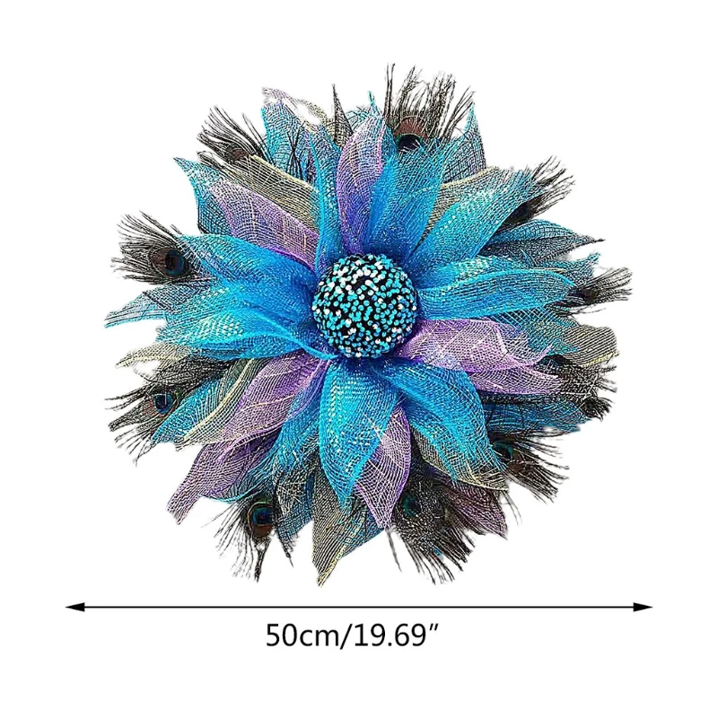 

C9GA Artificial Peacock Feather Wreath Colorful Gauze Sunflower Door Hanger Garland