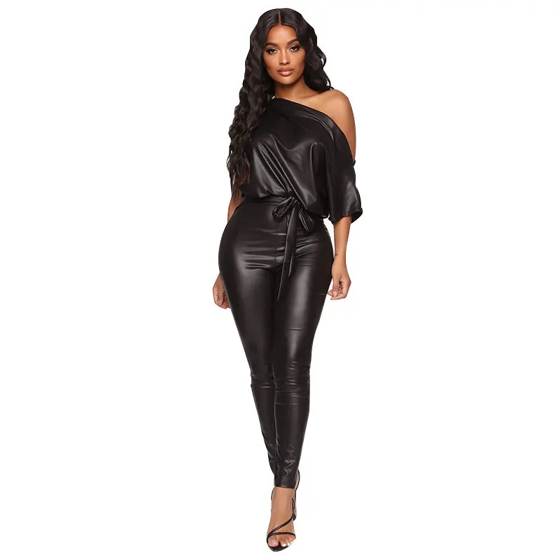 

skinny Jumpsuit Fall PU leather pants pants new strap off shoulder sexy