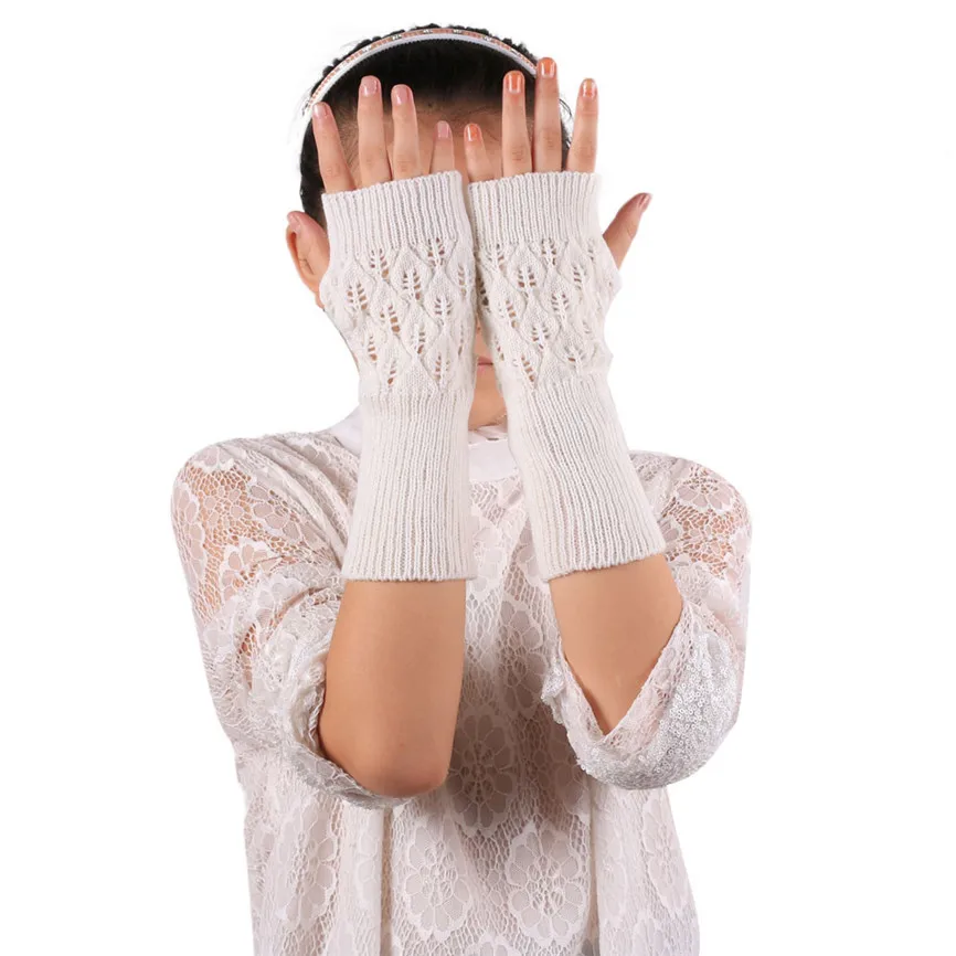 Теплые вязаные перчатки без пальцев горячие с вырезами и листьями длинные зимние