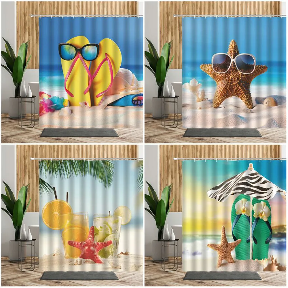 

Beach Vacation Scenery Shower Curtain Interesting Starfish Sandy Beach Coconut Tree Bathroom Decoration Waterproof Bath Curtains