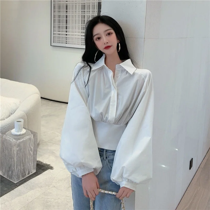 

Elegant Fashion Women Blouse Puff Sleeve Turndown Collar Korean Long Sleeve Shirt Office Lady Spring Blouses Blusas X271