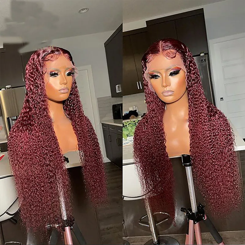 

26Inch 180%Density Burgundy Long Kinky Curly Synthetic Lace Front Wig For Women With Baby Hair Heat Resistant Fiber Daily Wig