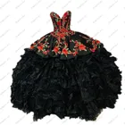 Красивое бальное платье с 3D цветами и оборками, черное Дешевое бальное платье, бальное платье для выпускного вечера, официальные платья 2022, пышные мексиканские платья 15 лет