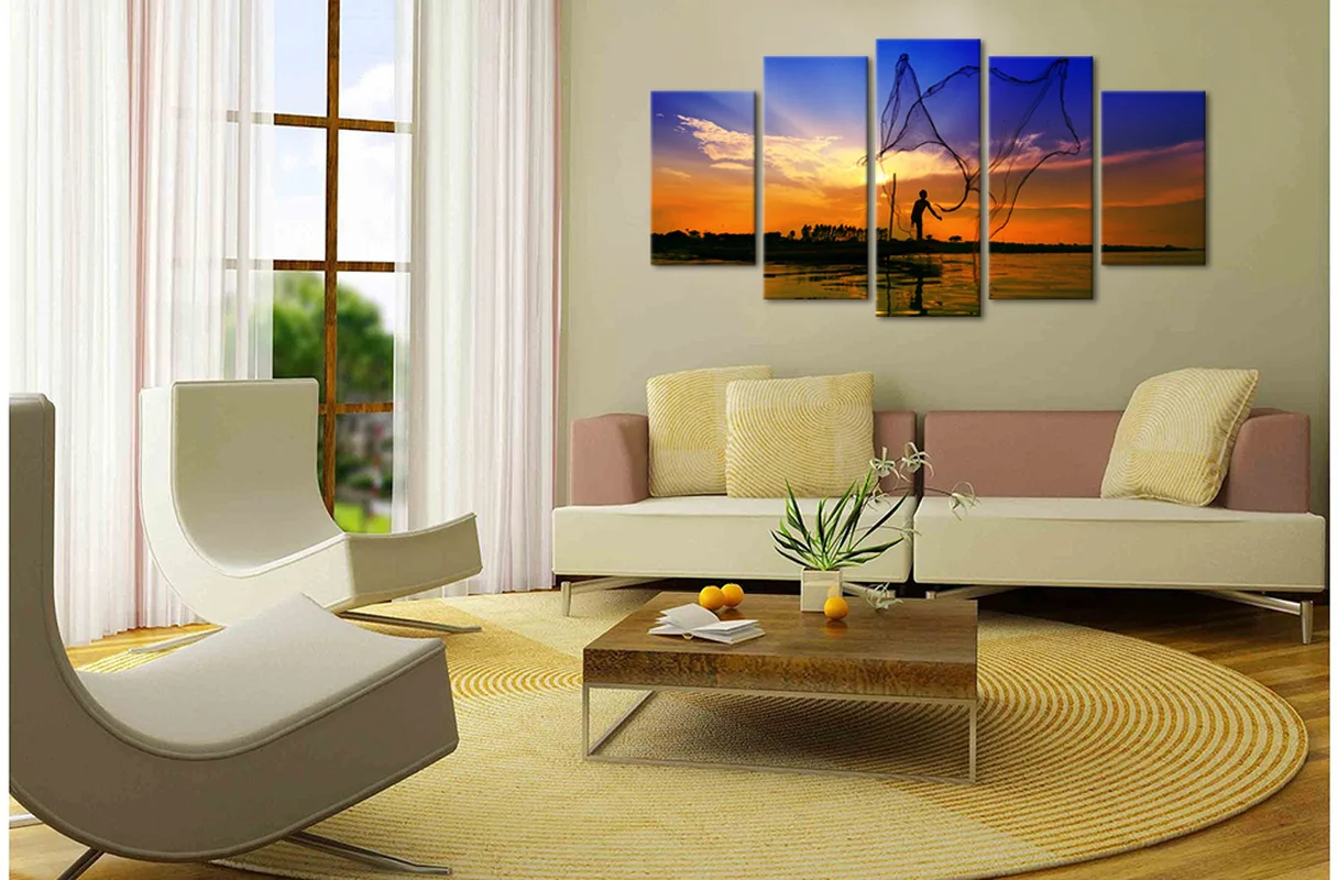 

5 Pieces Canvas Poster on The Wall Cast Net To Fishing Home Decor Poster Beautiful Sunset HD Painting for Room Decoration