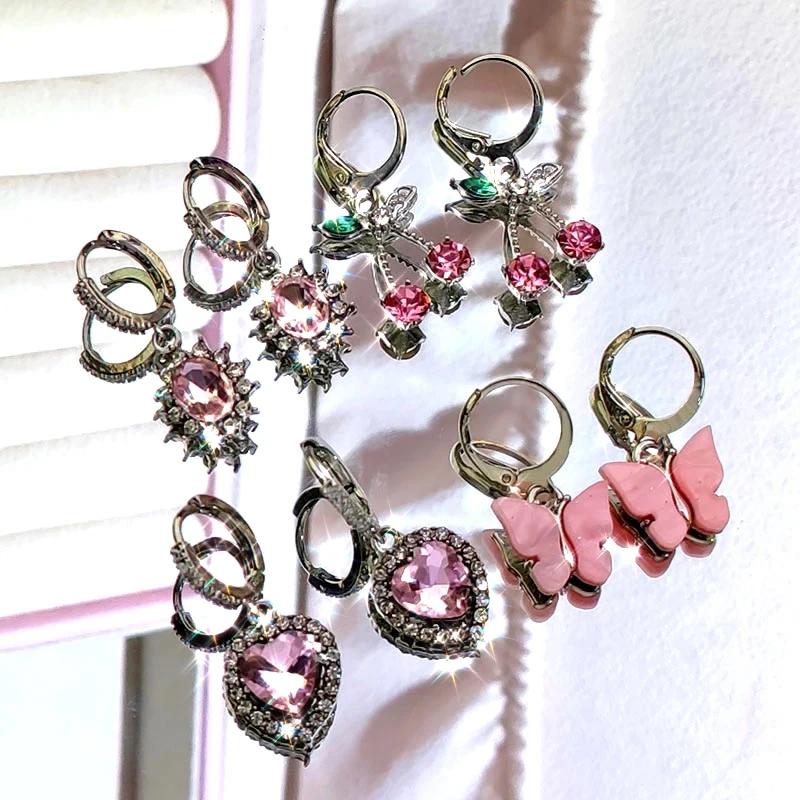 Flatfoosie 4Pcs/set Fashion Cherry Butterfly Drop Earrings for Women Multicolor Heart Geometric Crystal Earring Sets Jewelry | Украшения и