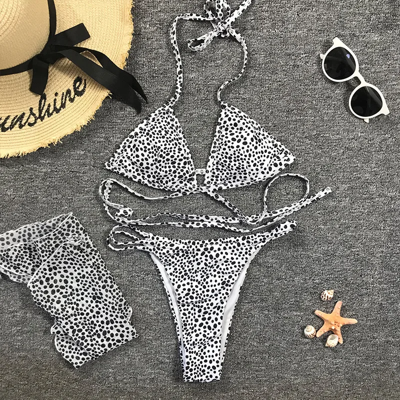 

Sexy Triangle Micro Bikini Set Dot Print Swimsuit Women 3pieces Mesh Skirt Swimwear Low Waist Bathing Suit Beach Wear Biquini