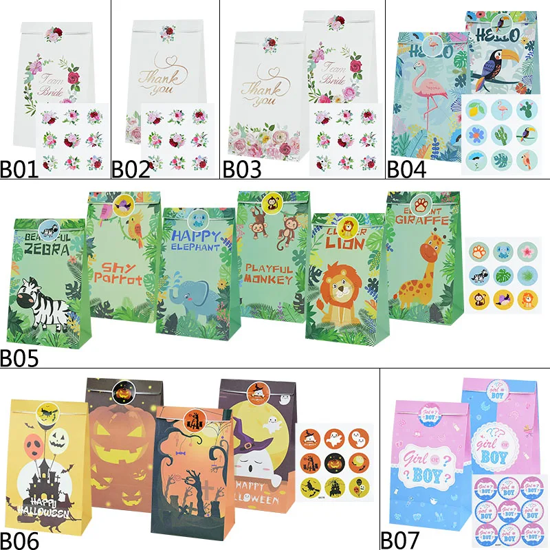 

12pcs/lot Jungle Thmem Birthday Party Animal Paper Gift Bag With Stickers Halloween Kids Baby Shower Candy Cookies Wrapping Bags