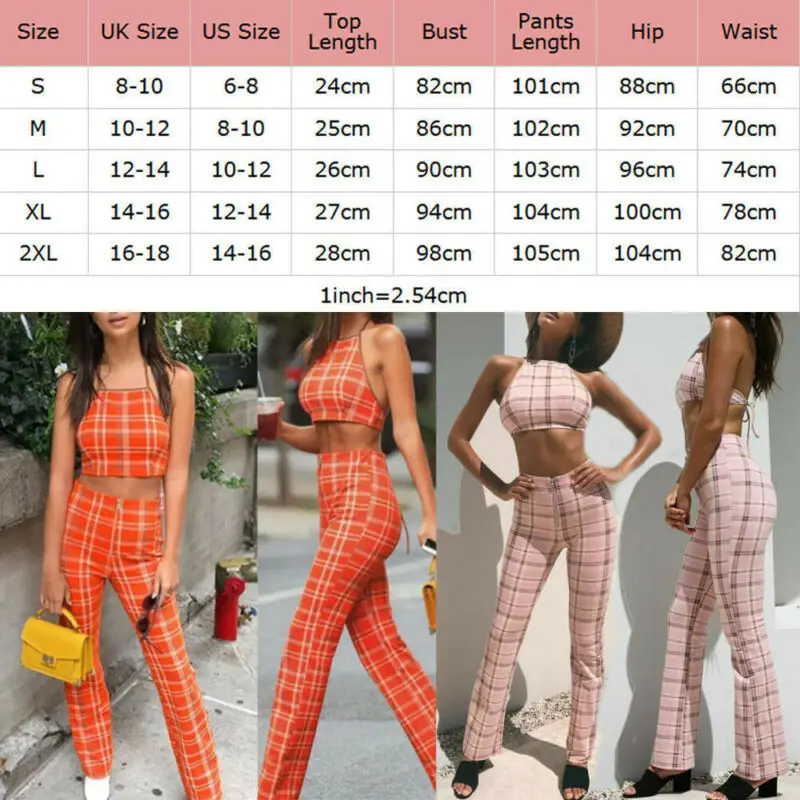 

Plus Size Ladies Summer Plaid Clothes Set Fashion Women Sleeveless Holiday Crop Tops+Long Pants 2Pcs Loose Beach Outfit S-2XL