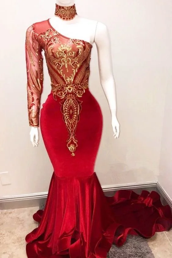 

Red Long Sleeve Mermaid Prom Dresses New Long Sleeve Sequined Sweep Strain Velvet See Through Formal Evening Dress Party Gowns