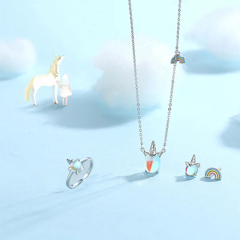 

Jewelry Sets for Women Unicorn Rainbow Pendant Necklace Asymmetric Stud Earrings Cute 925 Silver Plated Brass Jewellery Set Gift
