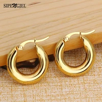sipengjel stainless steel round smooth thick circle hoop earrings for women personality metal punk geometric earrings jewelry