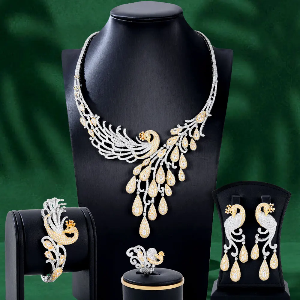 GODKI-Conjunto de collar y pendientes africanos de lujo para mujer, conjunto de joyería de circón para boda, nigeriano, indio, 4 piezas, Phoenix