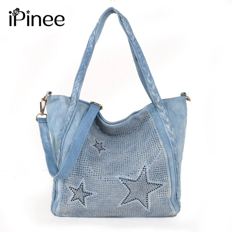 

iPinee Designer Rivet Women Shoulder Bag Fashion Crossbody Bag Denim Handbag Purse Star Diamond Messenger Bag Ladies Totes