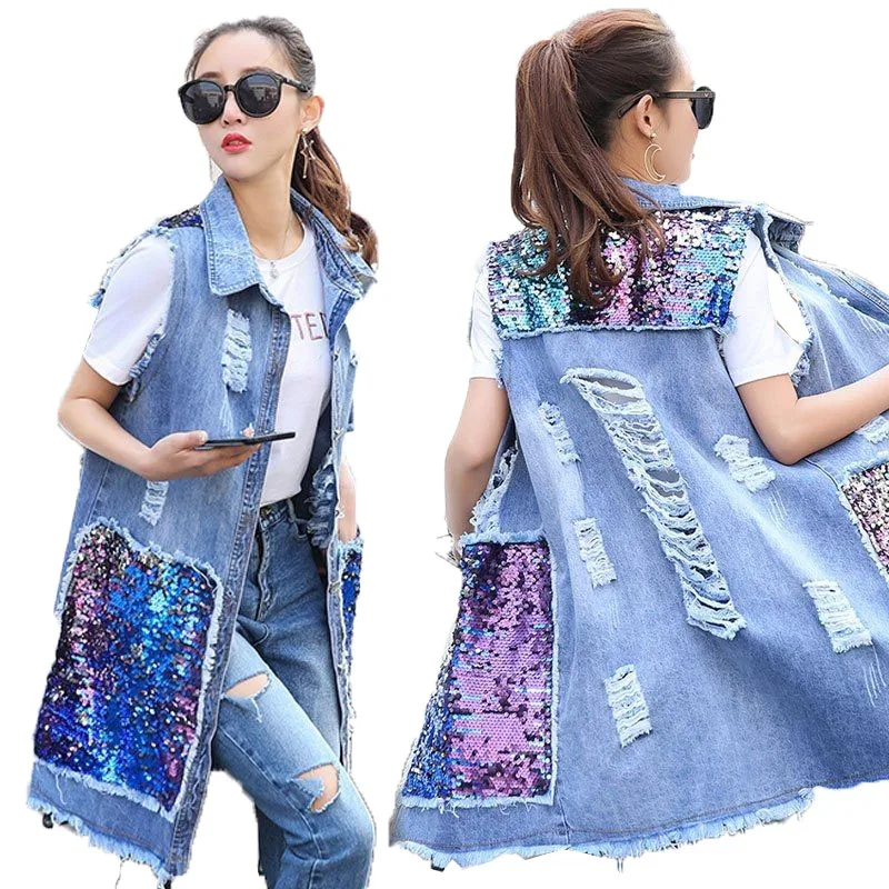 Жилет женский джинсовый средней длины модная верхняя одежда из денима с