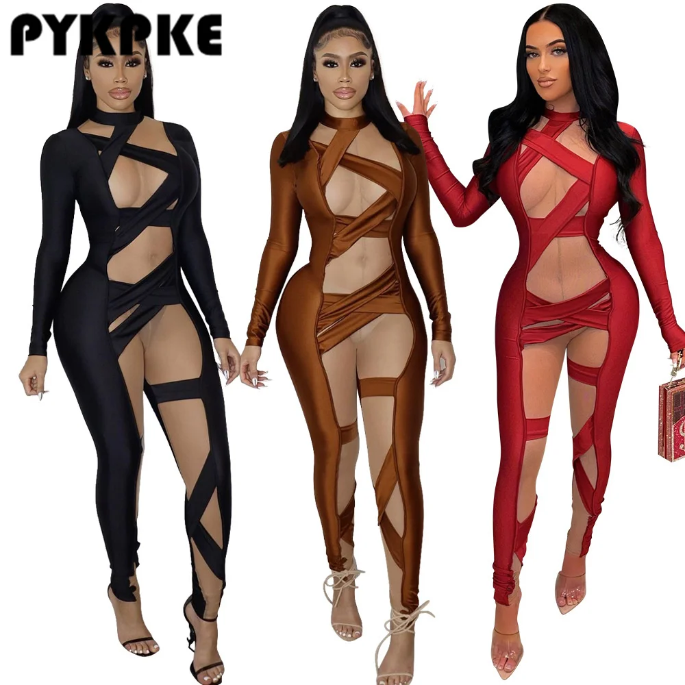 

Сексуальный однотонный сетчатый лоскутный комбинезон с вырезами для женщин прозрачные Клубные длинные комбинезоны с длинным рукавом