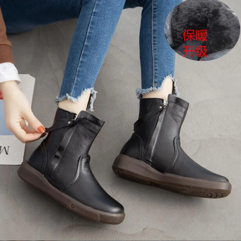 

spring autumn new women boots flat bottom leisure ankle boots soft bottom cattle leather Plus velvet warm boots botas mujer y595