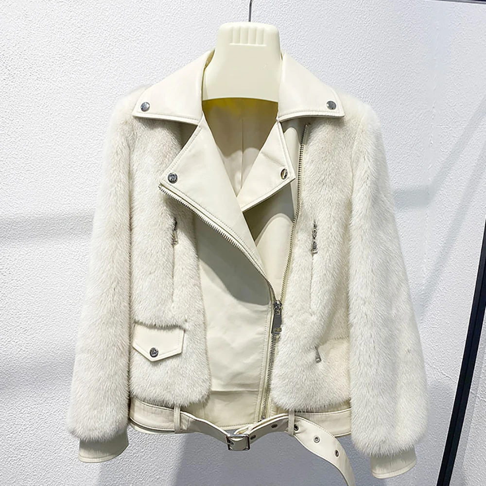 TOPFUR Fashion Real Mink Fur Genuine Sheepskin Leather Motorcycle Jacket 2021 Winter New Women's Whole Skin Mink Fur Coat