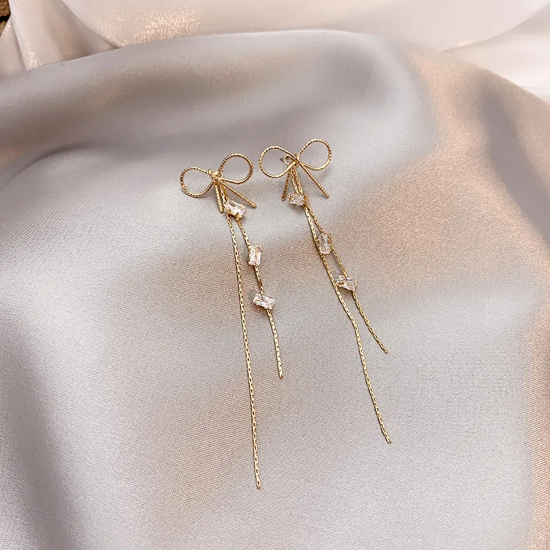 

925 Silver Needle Korean Temperament Long Face Show Thin Zircon Bow Earrings Sweet Pearl Tassel Earrings