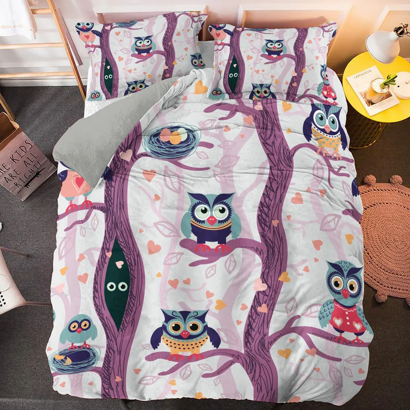 

Kids Girl Cartoon Print Lovely cute Owl Pink Bedding Set Children Duvet Cover with 1/2pcs Pillowcase Queen King Size Bedclothes