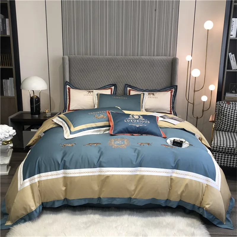 

Luxury Bed Linen Bedding Set Long Staple Cotton Leopard Pattern Embroidery Bed Sheet,Duvet Cover Set Pillowcase King Queen 4 PCS