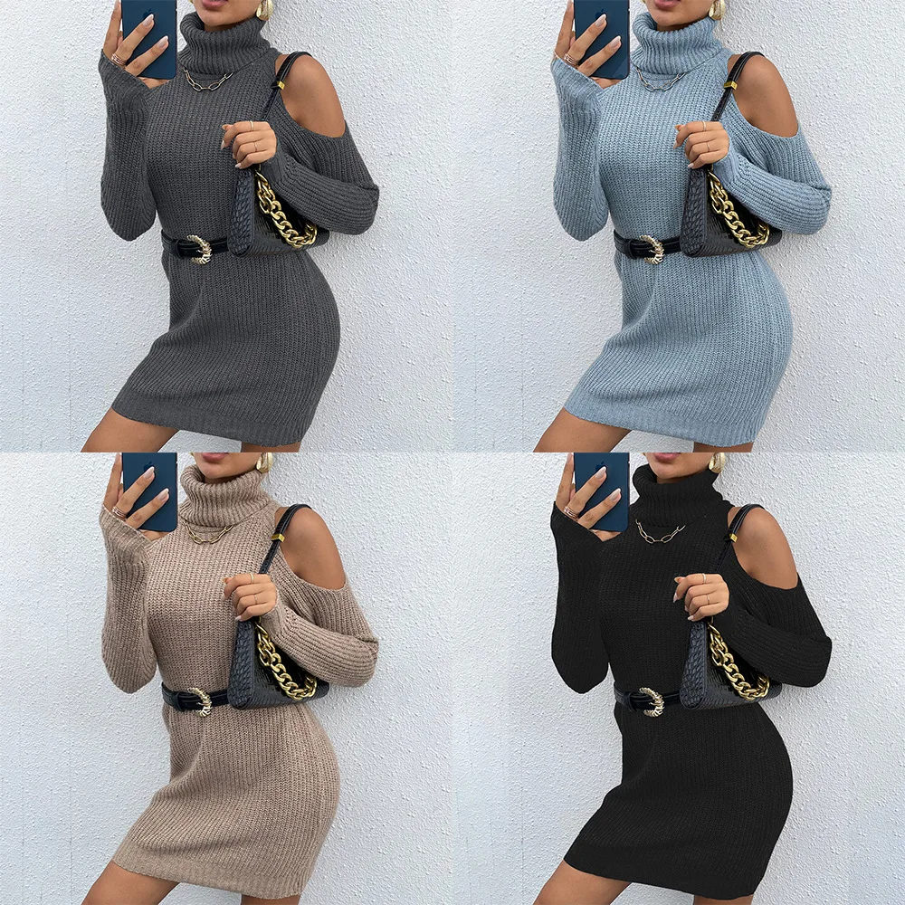 

2021 autumn/winter new European and American women's high collar solid color off the shoulder women's sweater dress