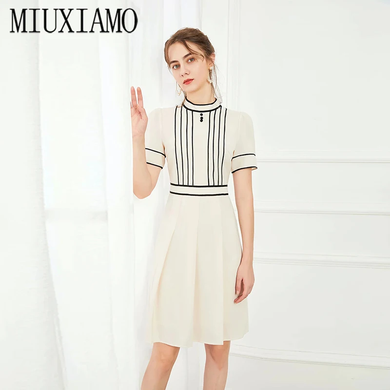 

2021 New Summer Women's Wear Half High Collar Short Sleeves Striped Casual Dress Solid professional women's dress