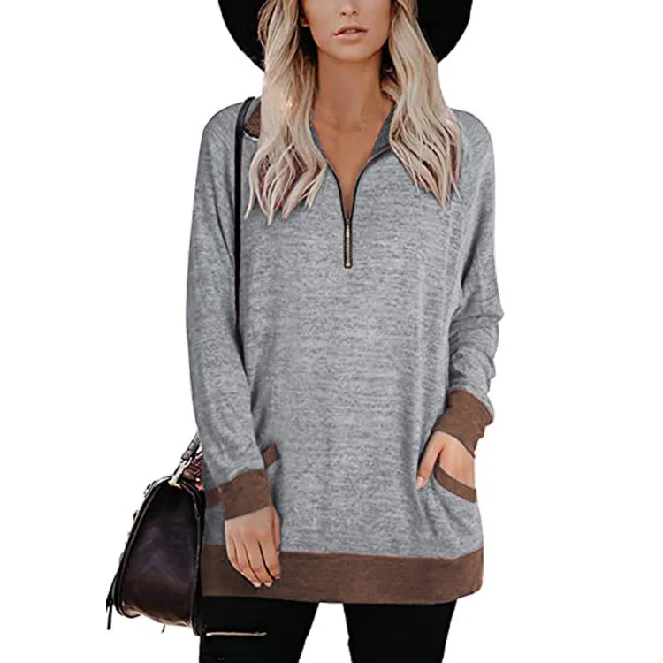 

2020 Autumn and Winter New Women's Sweater Chest Zip T-shirt Casual Pocket Long Sleeve Large Size Top