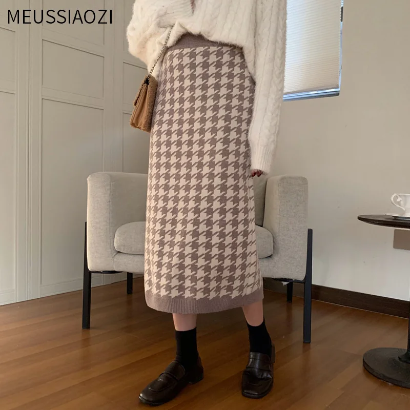 

Chic 2021 New Spring Autumn Women Knitted Skirt Elastic High Waist Vintage Solid All-Match OL Straight Houndstooth Skirts