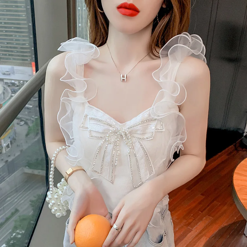 

Summer Tees Top Women's Clothes Bow Tank Top Ladies Short Collar Blusas Patchwork Tanks Camis Femme Sleeveless Basic Corset