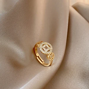 Korean fashion personality geometric diamond-studded copper coin open ring female temperament all-match ring trend party jewelry