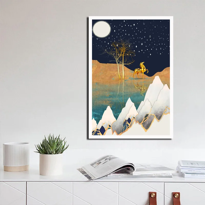 Настенная живопись холст абстрактный постер Золотой пейзаж лошадь звездная