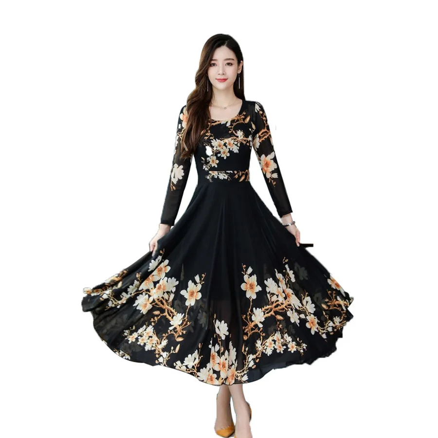 

2021 Vintage Long Sleeve Maxi Dresses Autumn Winter 3XL Plus Size Floral Chiffon Midi Dress Women Bodycon Party Elegant Vestidos