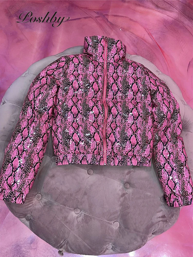 

Poshby Stand Collar Snake Print Winter Overcoat Women Fashion Clothes Zipper Up Warm Crop Bubble Leisure Chaqueta Thicken Jacket