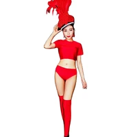 red solid color three piece suit feathers rhinestones hat nightclub dance show wear women party evening performance costume