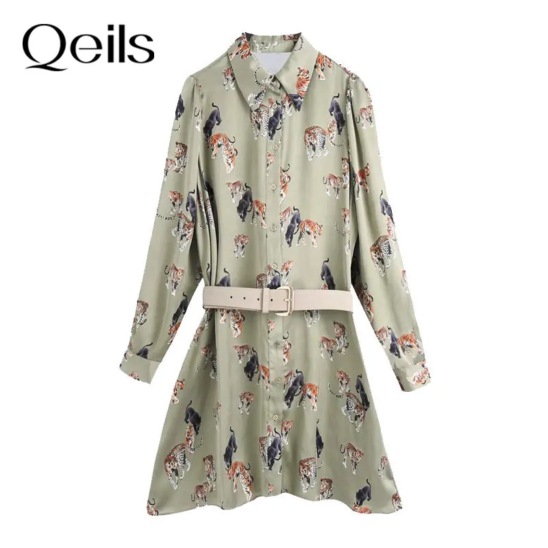 Qeils женские шикарные модные штаны с поясом принт животными свободное мини платье