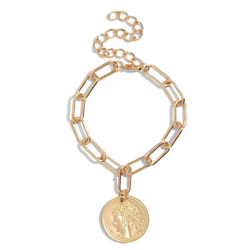 Flatfoosie Charms Multilayers Pearl Coin Chain Bracelet Bangles For Women Fashion Gold Color Portrait Bracelets Femme Jewelry