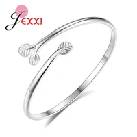 lovely women bangle authentic 925 sterling silver jewelry cute leaf branch open adjustable size simple metallic texture bracelet