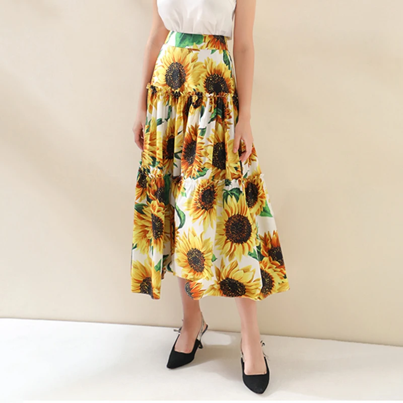 Wholesale Runway Cotton Skirt 2022 Spring Autumn Women New Fashion Designer Women Ruffles Sunflowers Printed Long Skirt