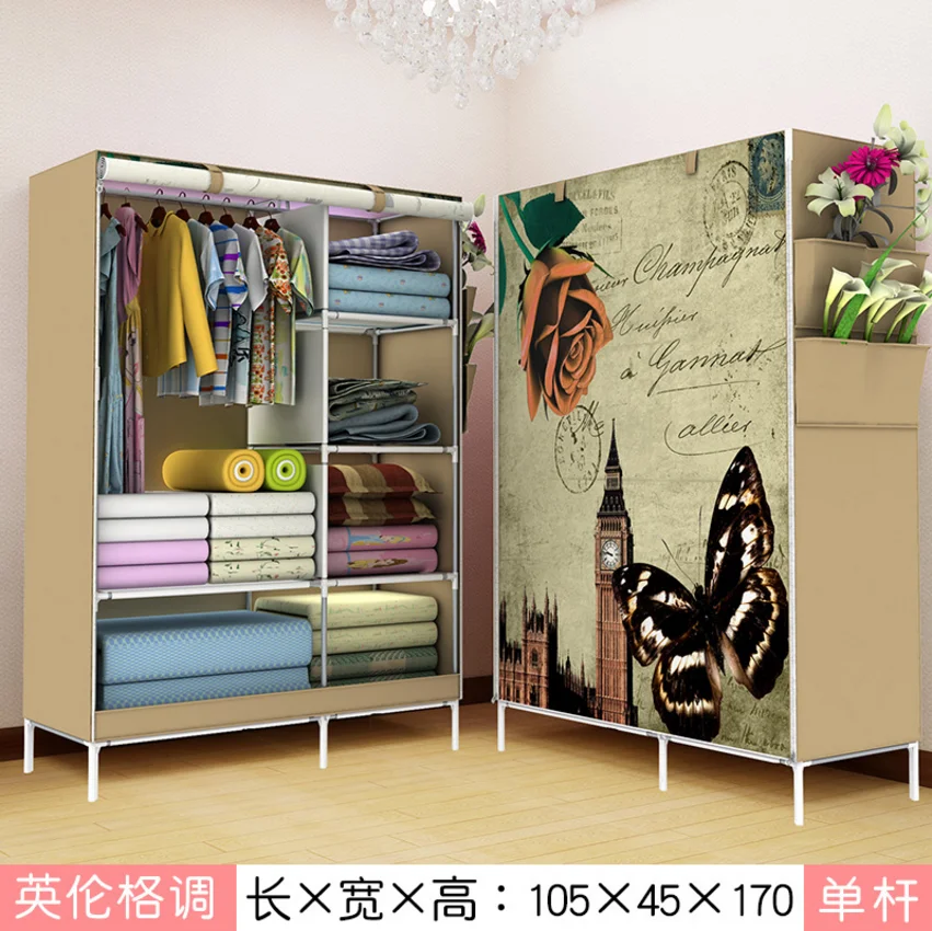

Fashion Printing Portable Wardrobe Assembled Storage Cabinet Metal Clothes Hanger Fabric Clothing Closet for Bedroom Furniture