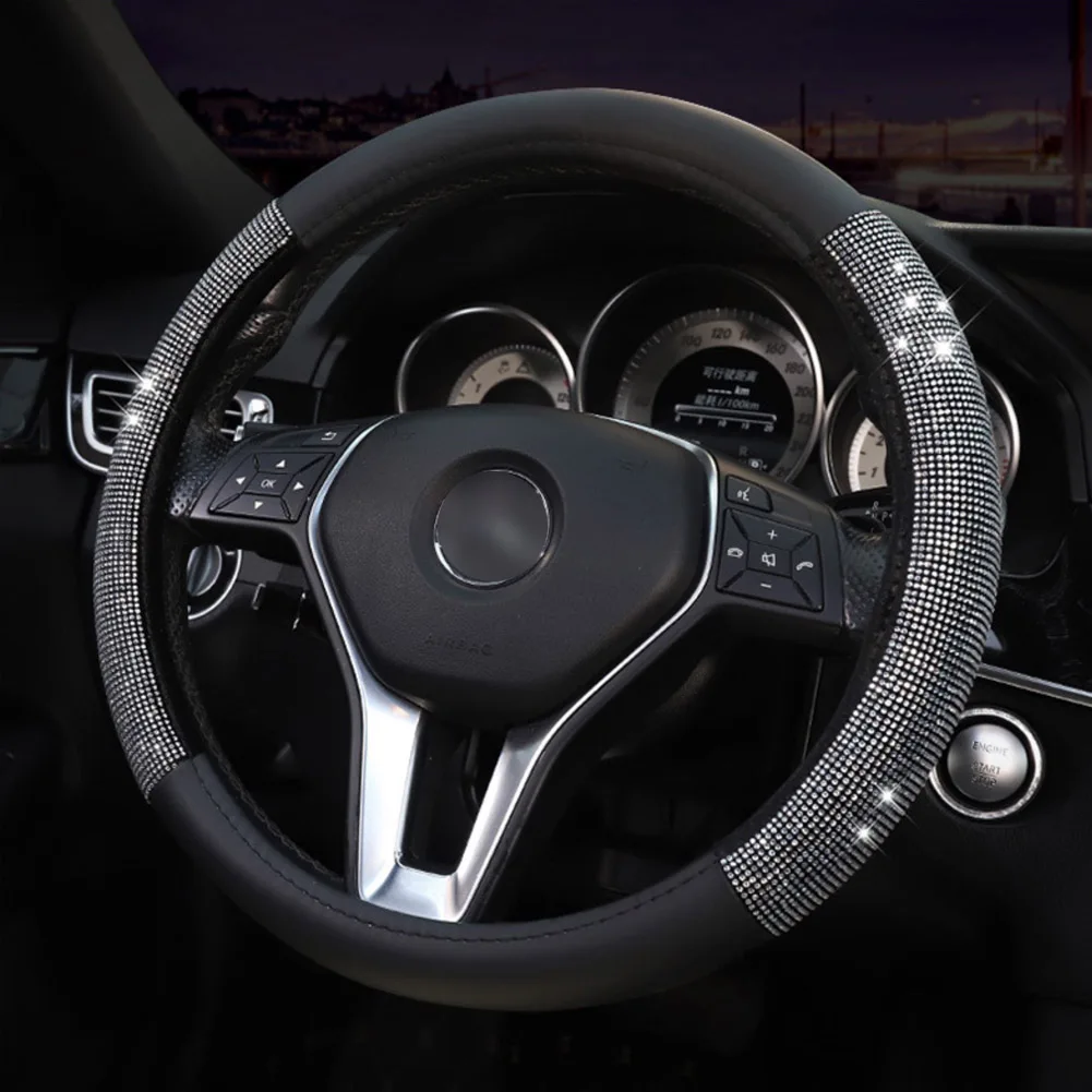 

Four Seasons Universal PU Leather Steering Wheel Cover Bling Bling Crystal car accessories Best Steering wheel covers for you