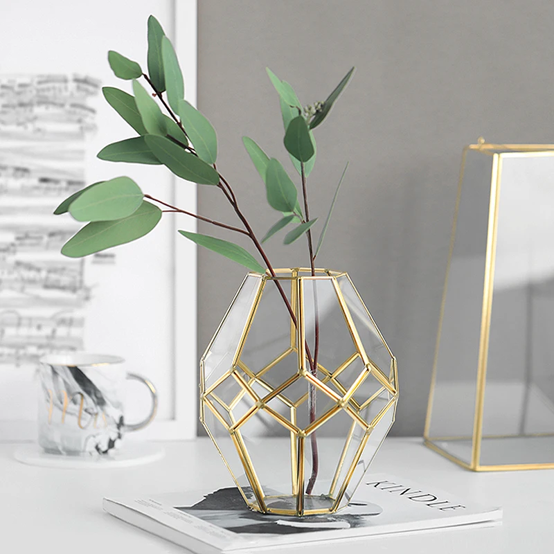 Copper Strip Edge Glass Geometric Vase Home Desktop Gardening Decoration Ornaments Organizer |