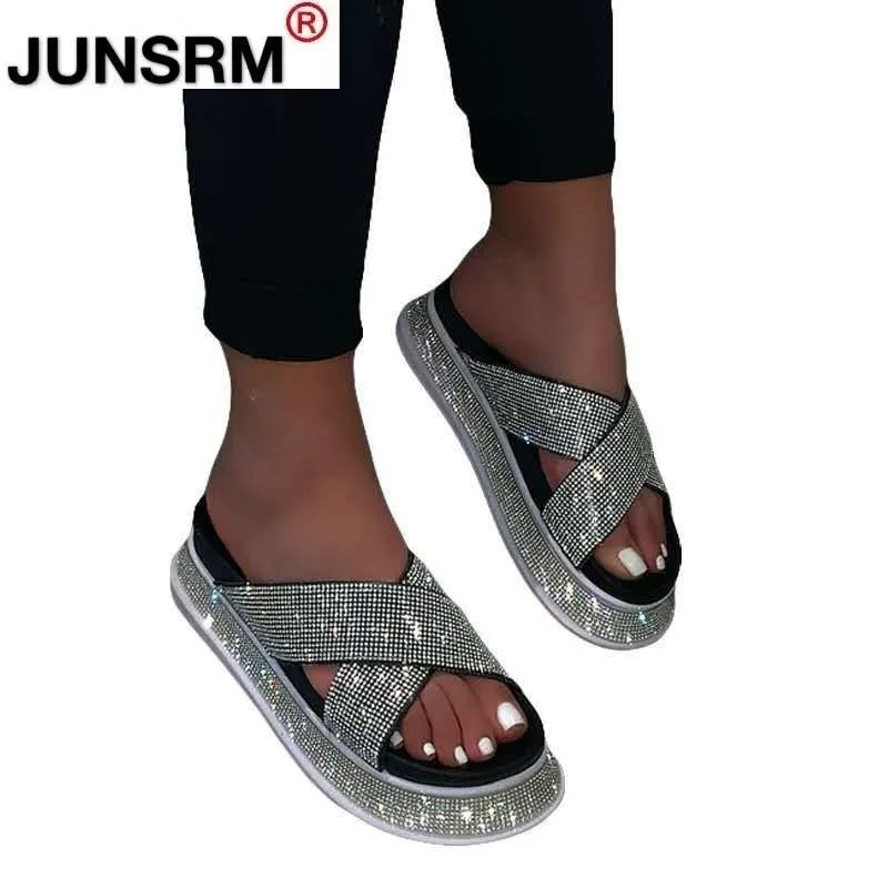 

Women's Shoes Summer Rhinestone Sexy Slippers Women's Comfortable Cool Beach Shoes Open Toe Buckle Large Size Sandals 35-43