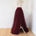 Юбка-пачка Женская длиной до пола, бордовая Тюлевая юбка макси с 5 слоями, с эластичным поясом, с боковым длинные юбки с разрезом