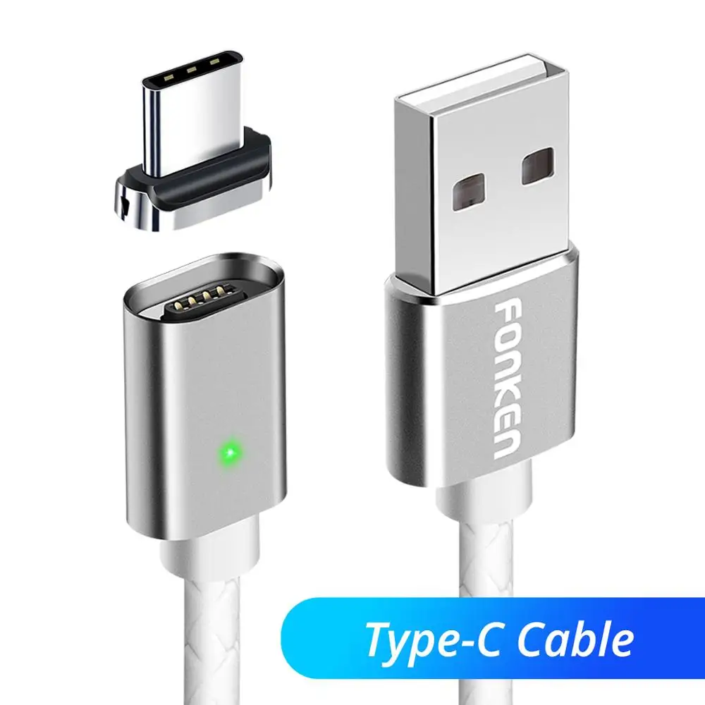 Кабель Micro USB FONKEN, магнитный кабель 3A, быстрая зарядка, 1 м, 2 м, Android, мобильный, быстрая зарядка, магнитный шнур, Пылезащитная заглушка, шнур для передачи данных для телефона - Цвет: White Type C Cable