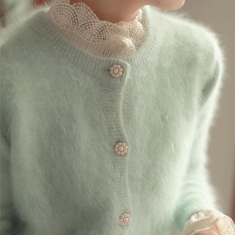 

Limiguyue Women Knit Cardigan French Long Sleeve Mink Mohair Sweater Gentle Autumn Winter Knitwear Soft Sweet O-neck Tops K3530
