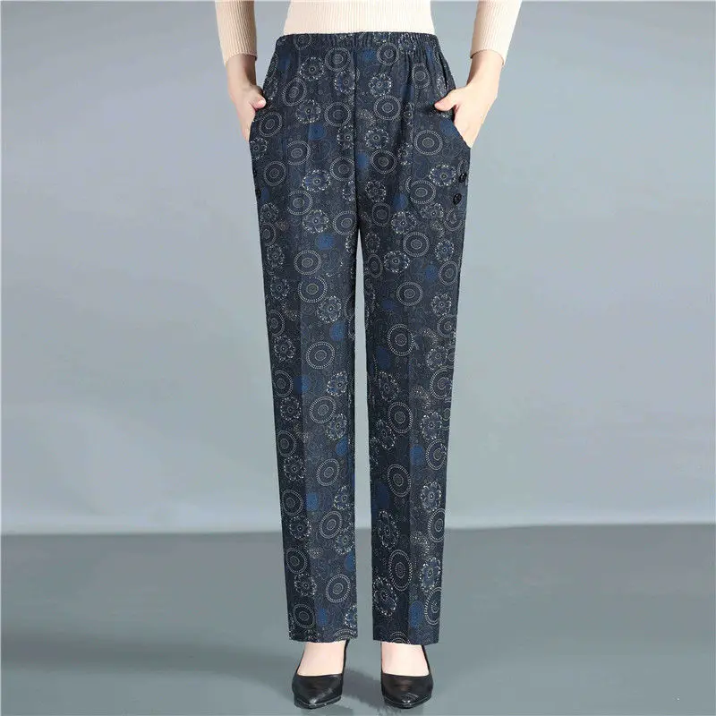 

2022 Women Autumn Winter New High Waist Casual Pants Female High Waist Printed Trousers Ladies Middle Aged Thick Warm Pants Q889